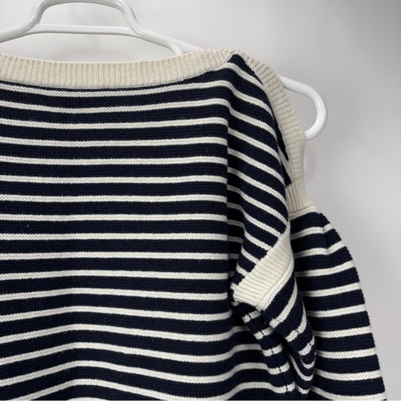 ANN MASHBURN Sweater Womens Medium Boat Neck Wool Navy Cold Shoulder Striped - Picture 11 of 13